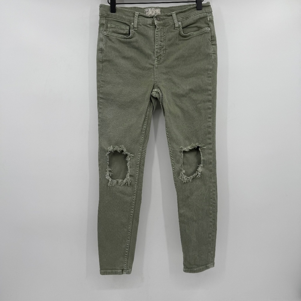 Free People Jeans Women 28 Green Skinny Distressed High Rise Stretch Army Grunge